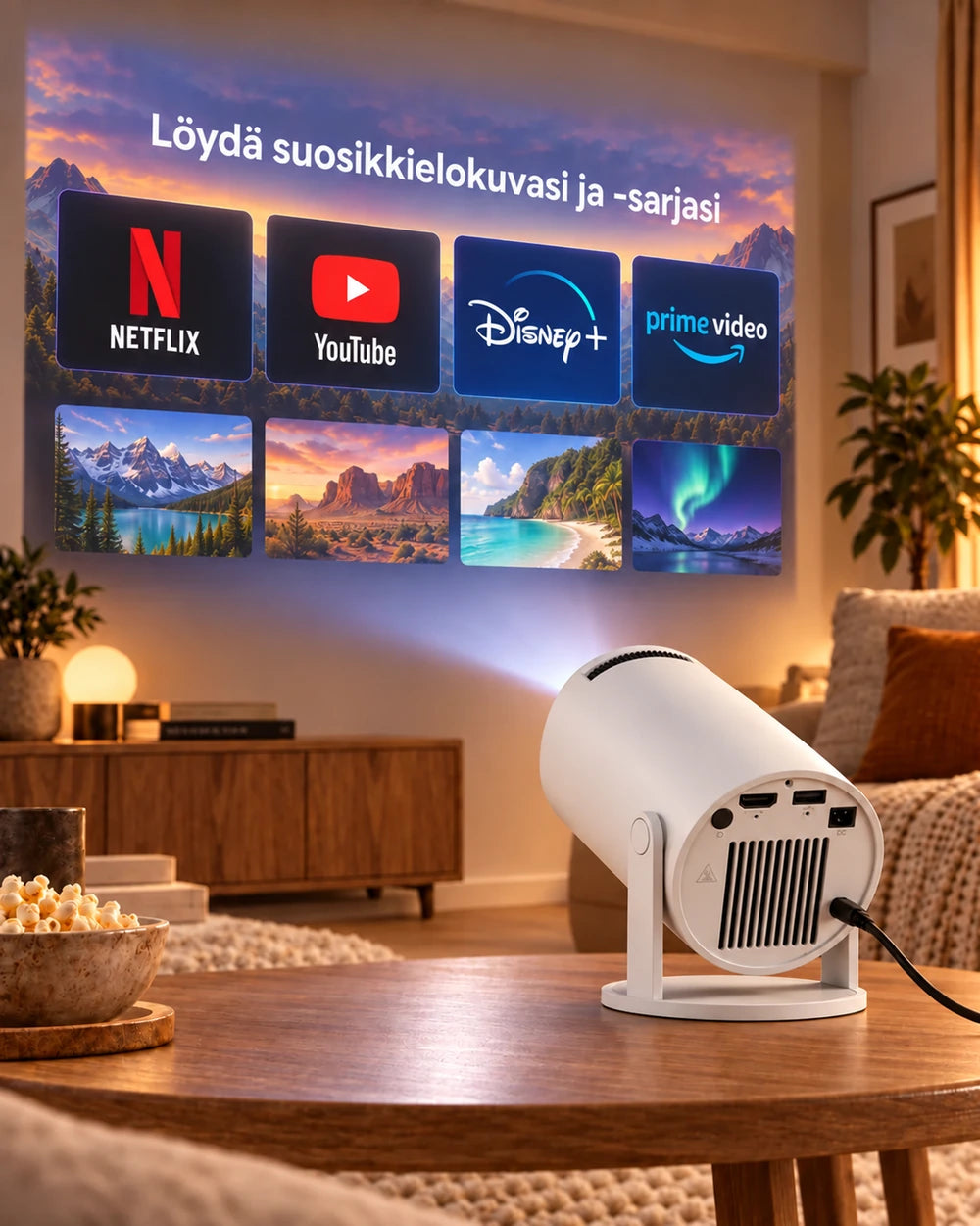 Projektorland Luma Compact -miniprojektori – 200 ANSI-lumenia, HD 720p, Android 14, Wi-Fi 6 ja 5 W:n kaiutin