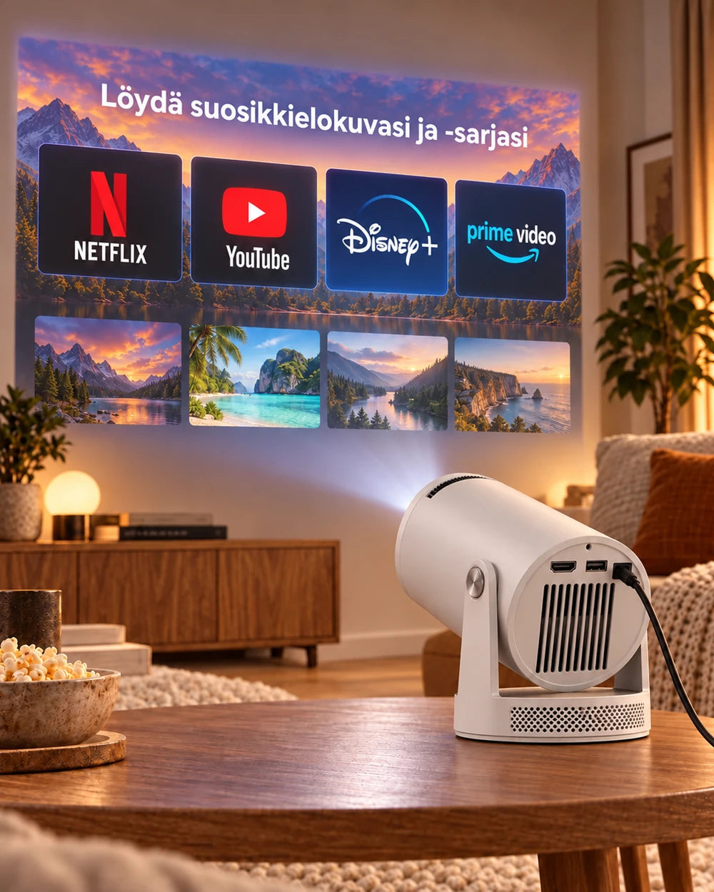 Projektorland Luma Pro -miniprojektori – 400 ANSI-lumenia, Full HD 1080p, automaattitarkennus, Android 14 ja Wi-Fi 6