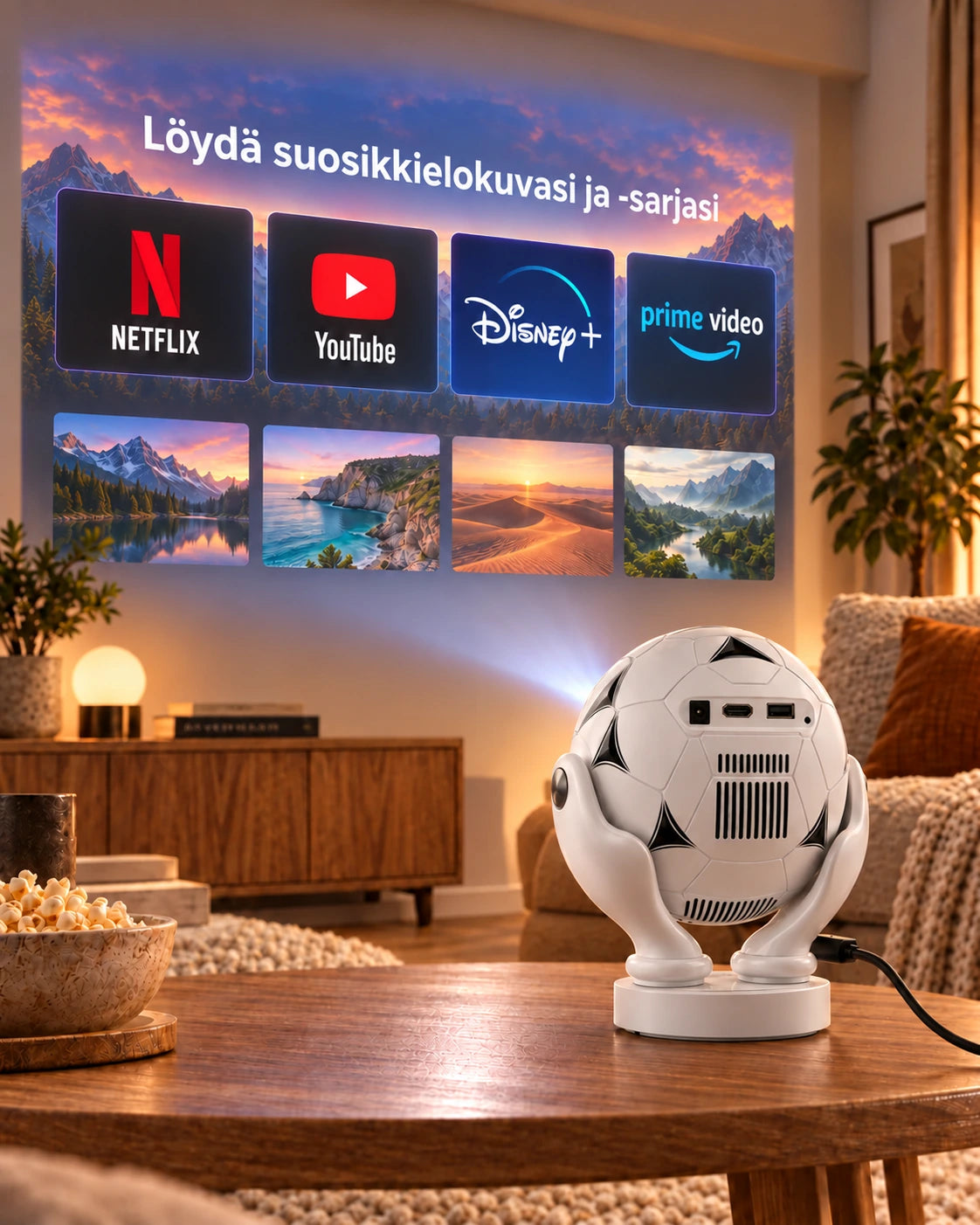 Projektorland Orbit Pro -miniprojektori – 500 ANSI-lumenia, Full HD 1080p, sähköinen tarkennus, Android 14 ja Wi-Fi 6