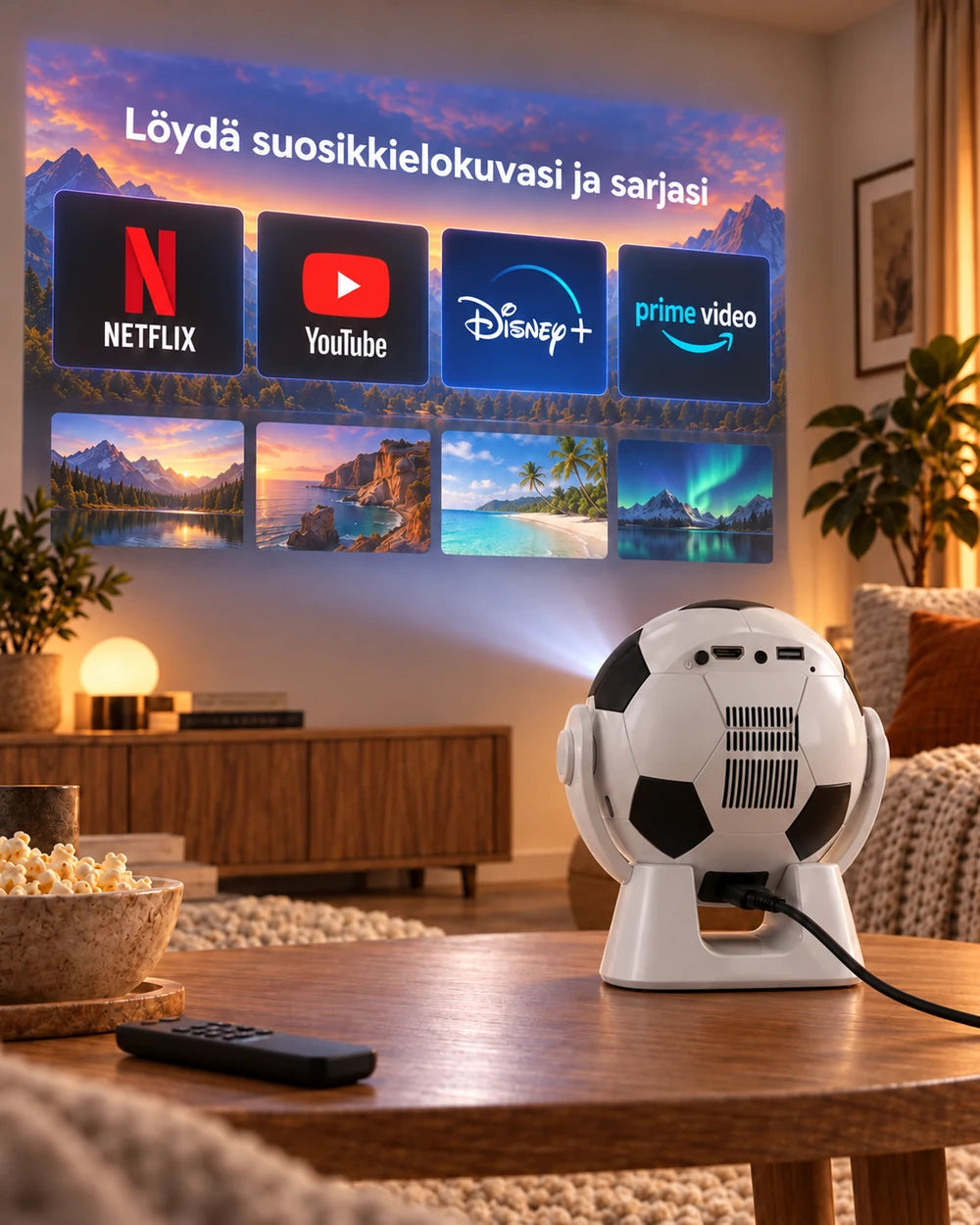 Projektorland Orbit -miniprojektori – 300 ANSI-lumenia, Android 14, Wi-Fi, Bluetooth 5.4 ja 35–135 tuumaa