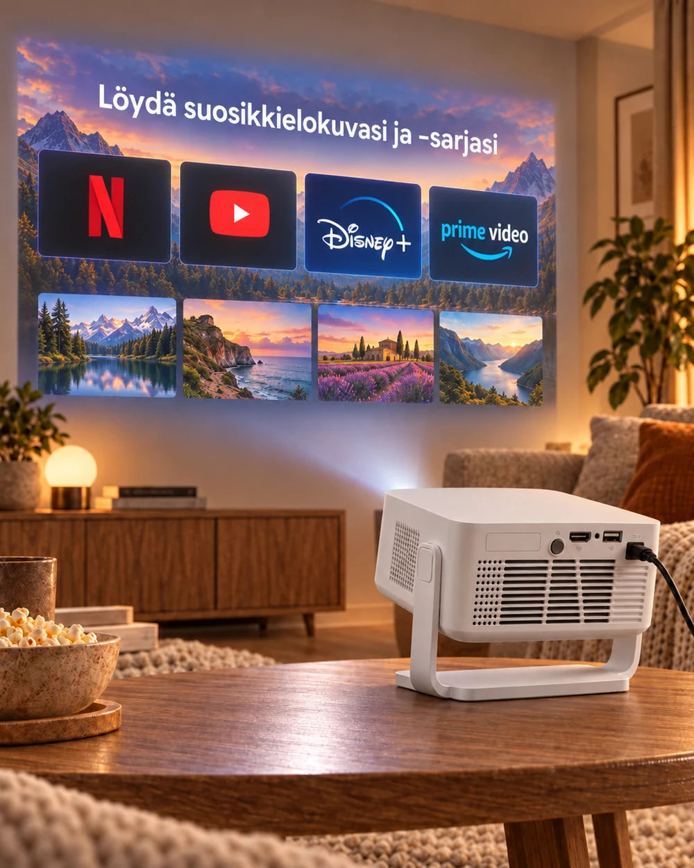 Projektorland Vista Max -miniprojektori – 260 ANSI-lumenia, HD 720p, automaattitarkennus, Android 14 ja Wi-Fi 6