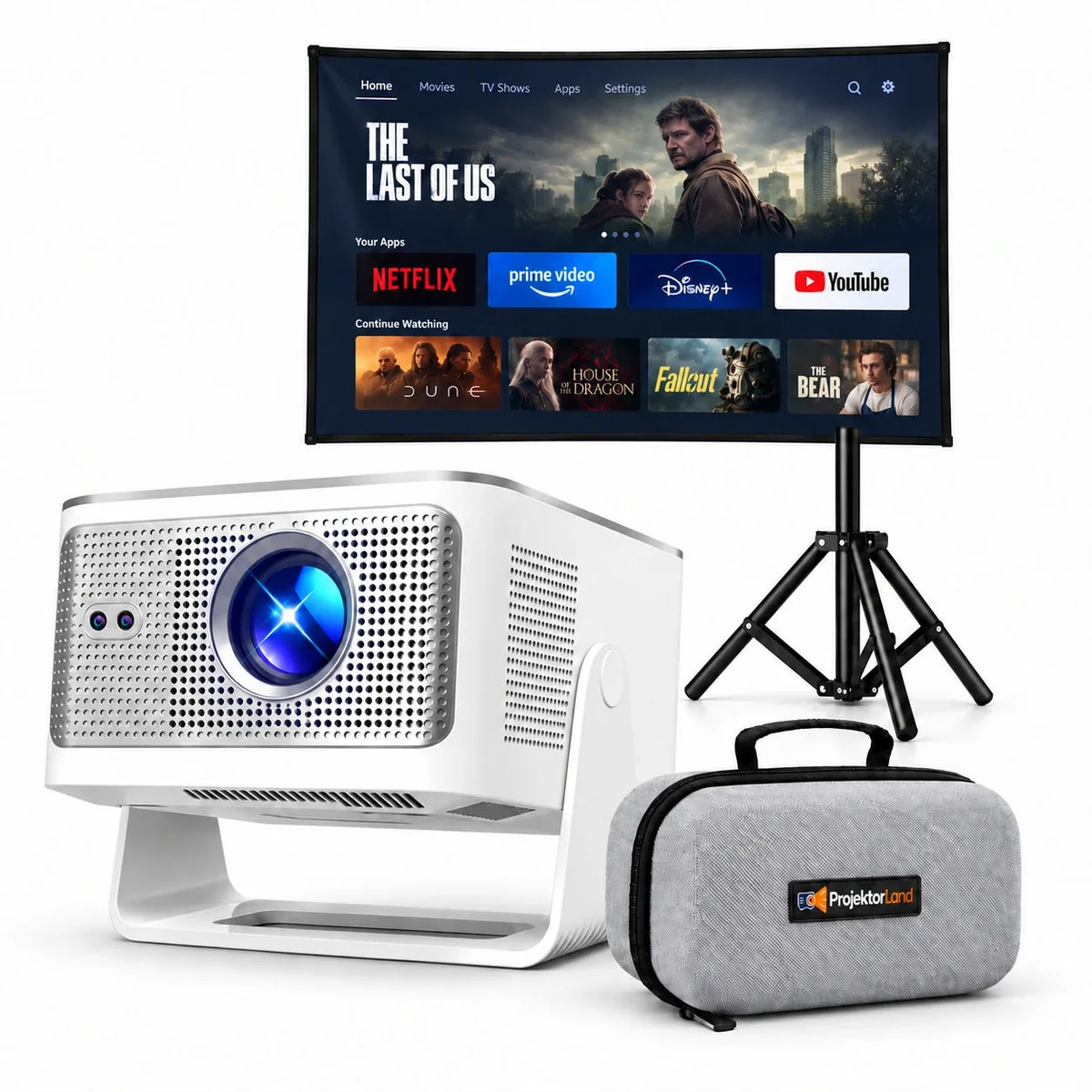 Projektorland Horizon Max -projektori – 600 ANSI-lumenia, Full HD 1080p, automaattitarkennus, Android 14, Wi-Fi 6 ja Bluetooth 5.4