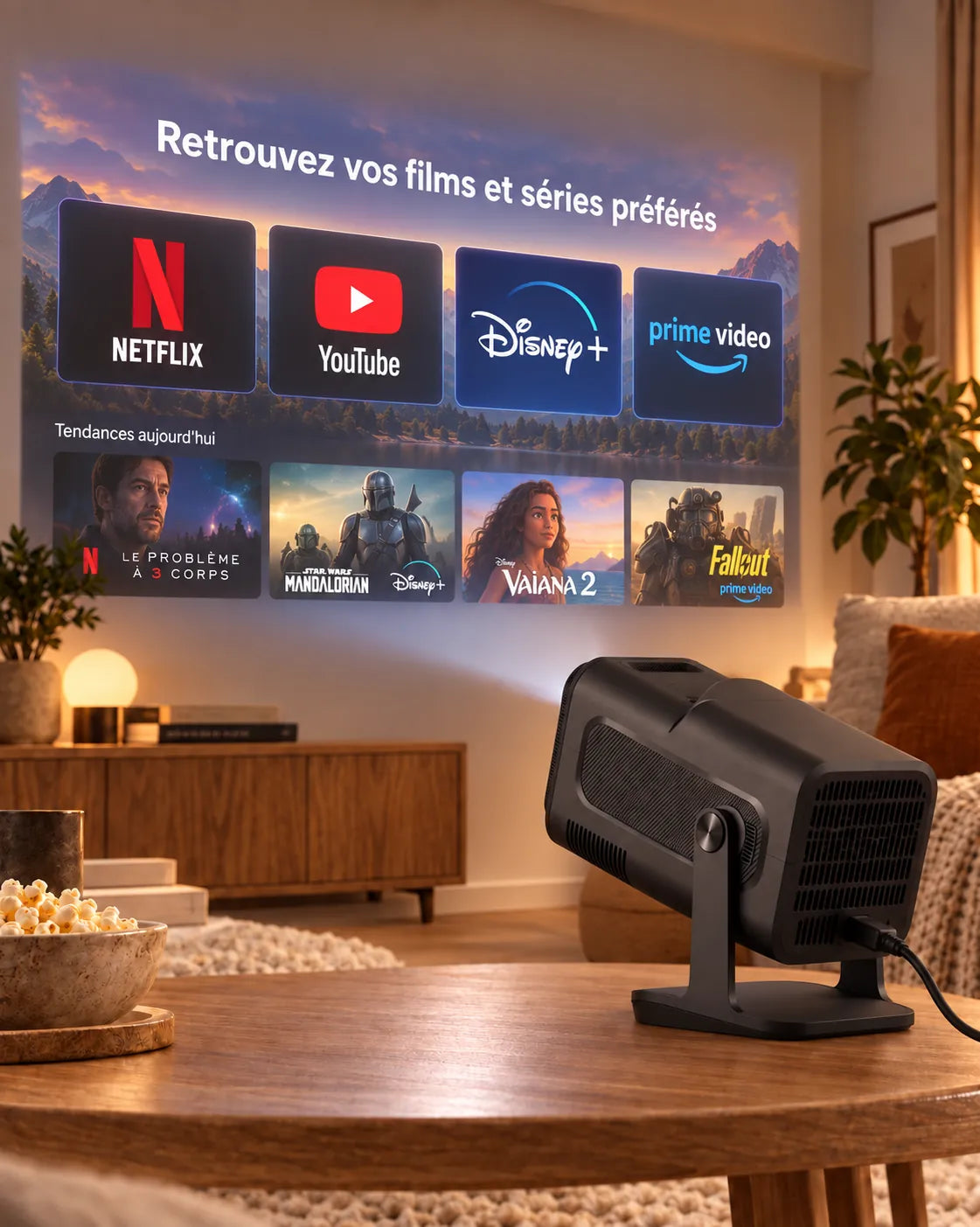 Nomad Mini – Netflix, YouTube, Disney+ ja Prime Video heijastettuna olohuoneessa