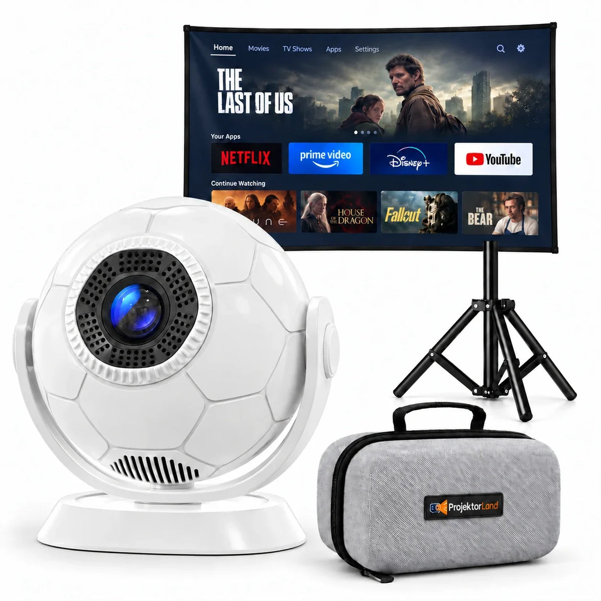 Projektorland Orbit -miniprojektori – 300 ANSI-lumenia, Android 14, Wi-Fi, Bluetooth 5.4 ja 35–135 tuumaa