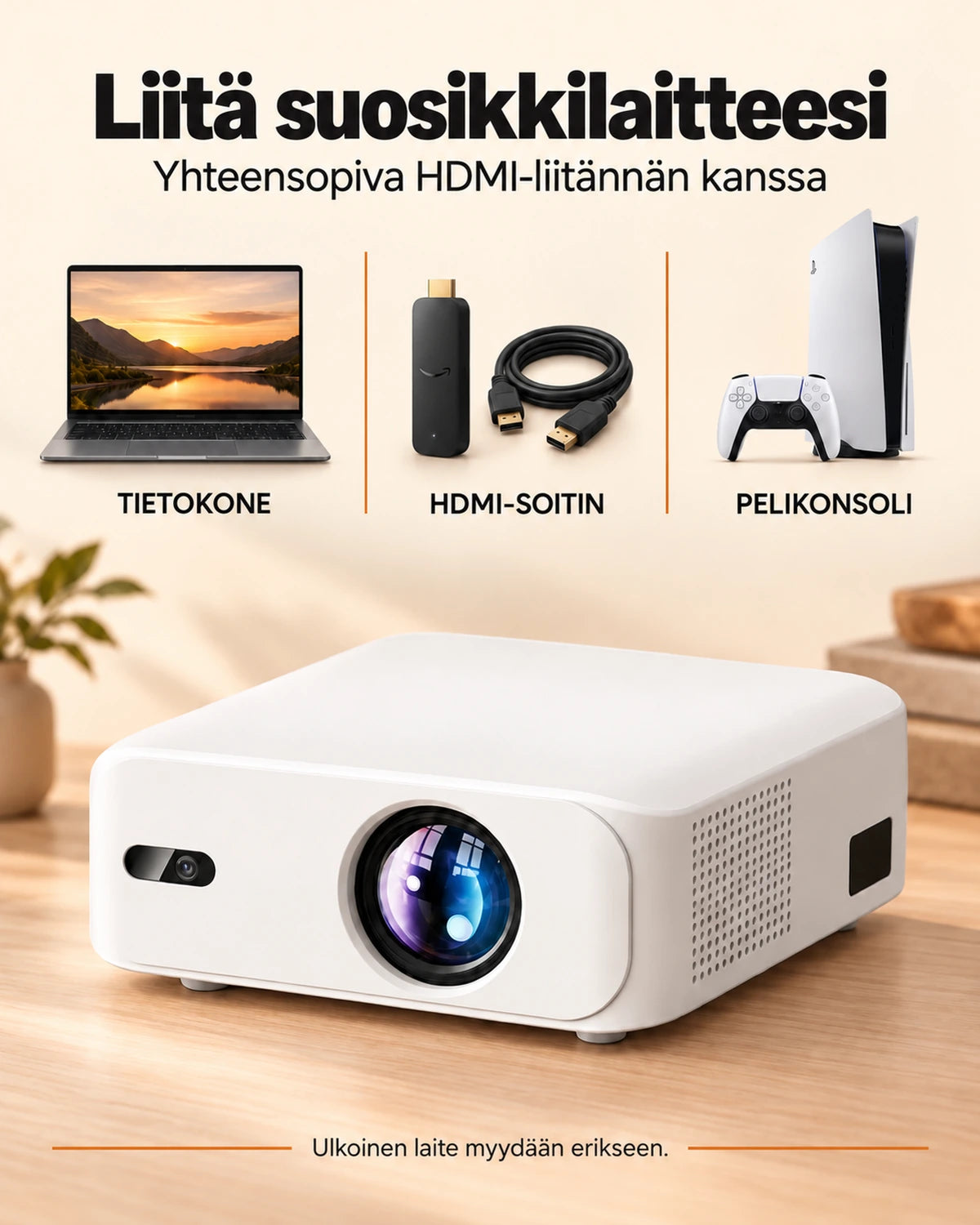 Projektorland Horizon -projektori – 800 ANSI-lumenia, Full HD 1080p, HDMI, digitaalinen trapetsikorjaus ja sisäänrakennettu kaiutin