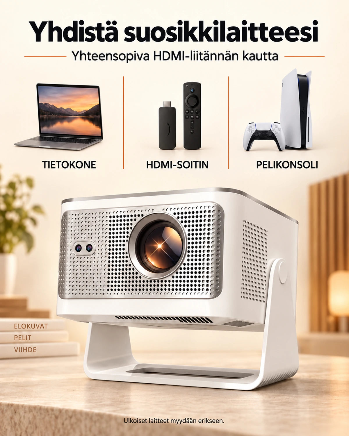 Projektorland Horizon Max -projektori – 600 ANSI-lumenia, Full HD 1080p, automaattitarkennus, Android 14, Wi-Fi 6 ja Bluetooth 5.4