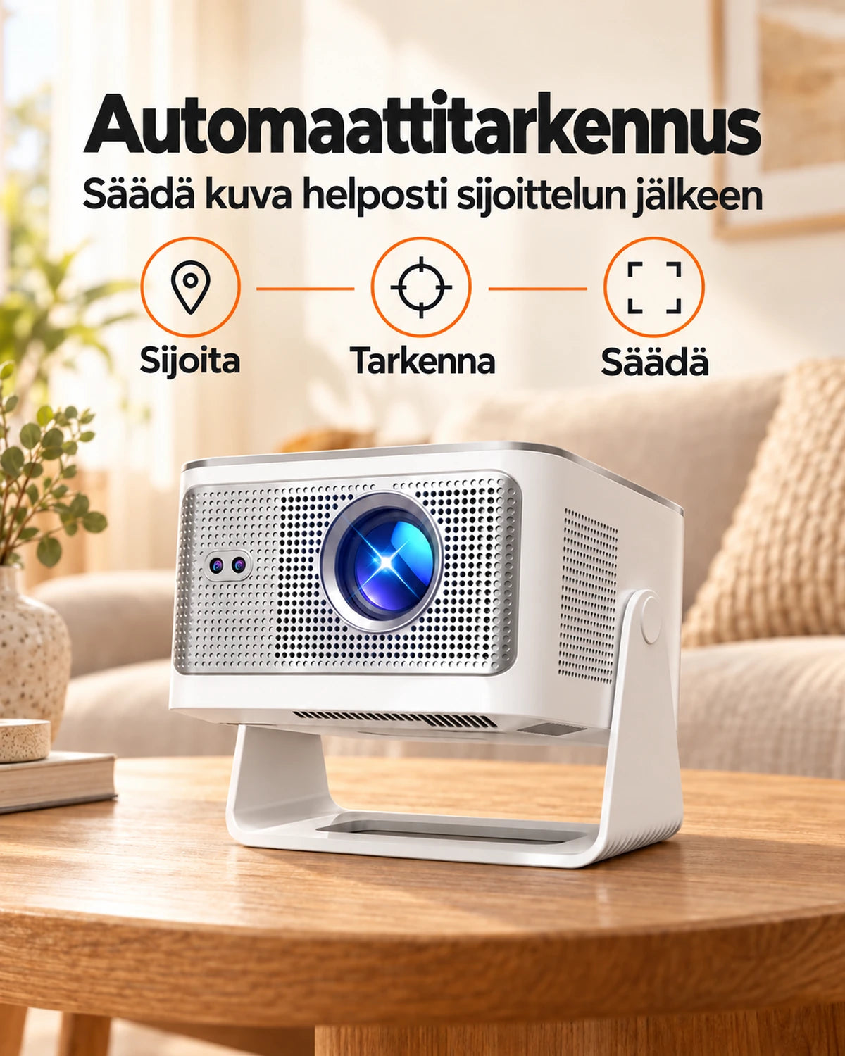 Projektorland Horizon Max -projektori – 600 ANSI-lumenia, Full HD 1080p, automaattitarkennus, Android 14, Wi-Fi 6 ja Bluetooth 5.4