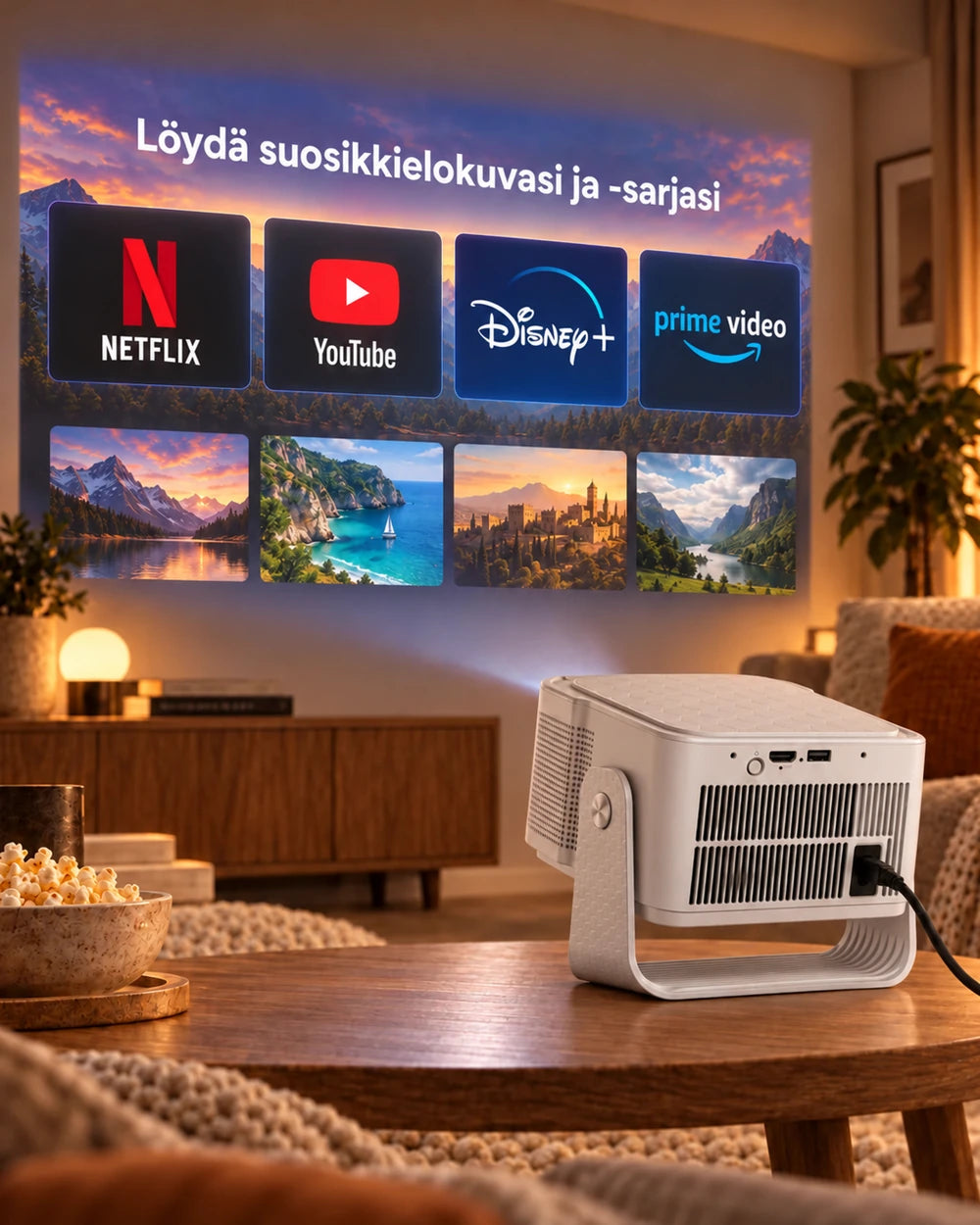 Projektorland Horizon Max -projektori – 600 ANSI-lumenia, Full HD 1080p, automaattitarkennus, Android 14, Wi-Fi 6 ja Bluetooth 5.4