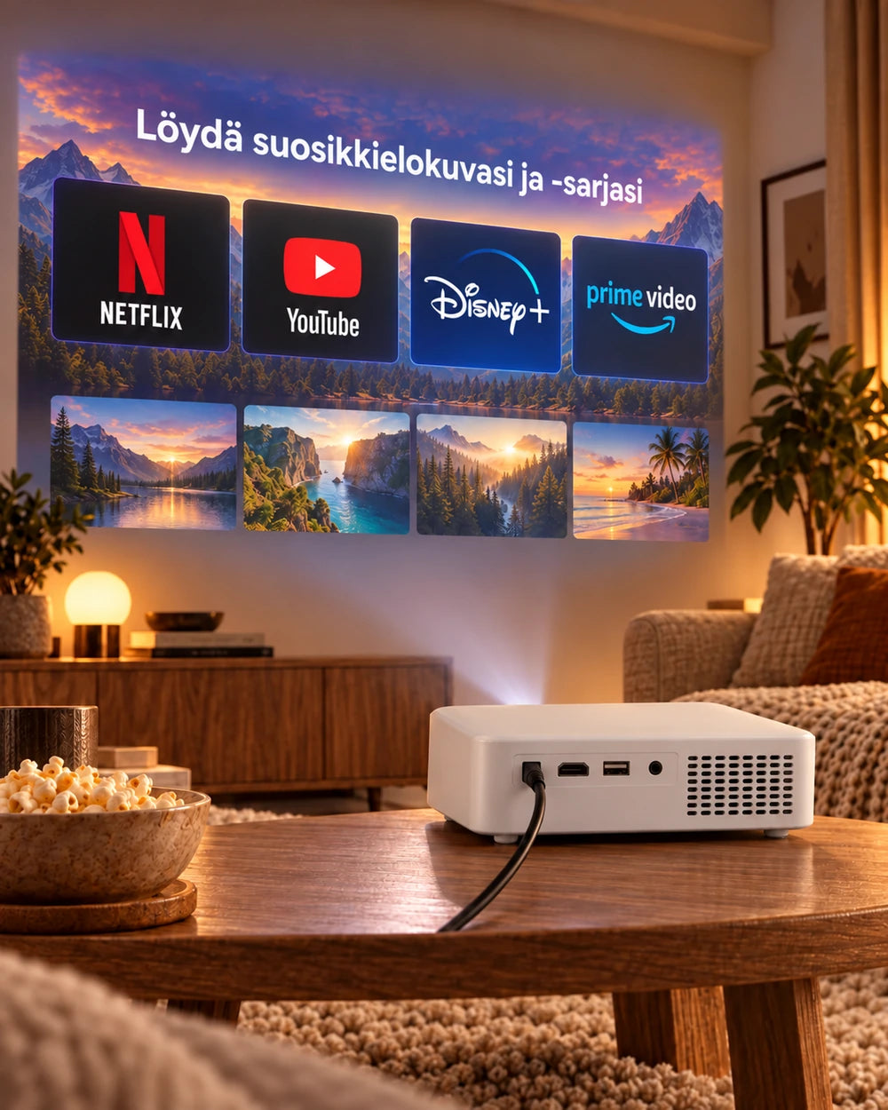 Projektorland Horizon -projektori – 800 ANSI-lumenia, Full HD 1080p, HDMI, digitaalinen trapetsikorjaus ja sisäänrakennettu kaiutin