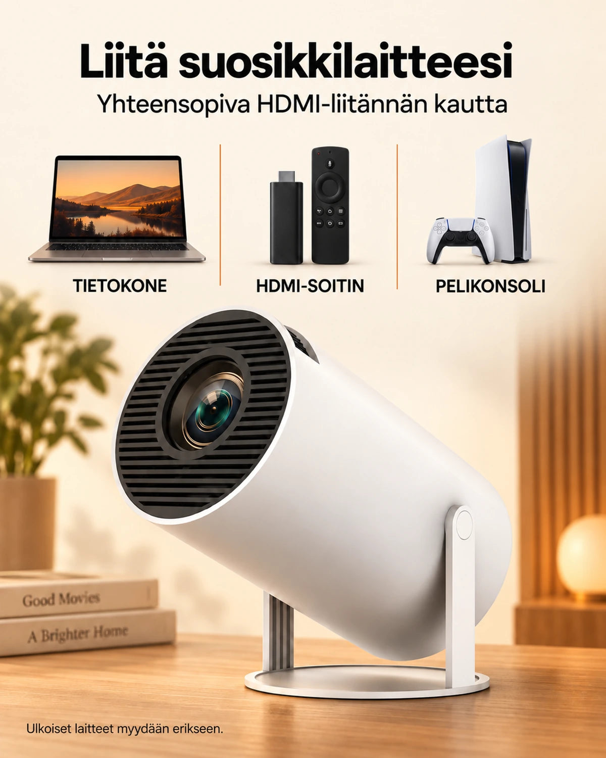 Projektorland Luma Compact -miniprojektori – 200 ANSI-lumenia, HD 720p, Android 14, Wi-Fi 6 ja 5 W:n kaiutin