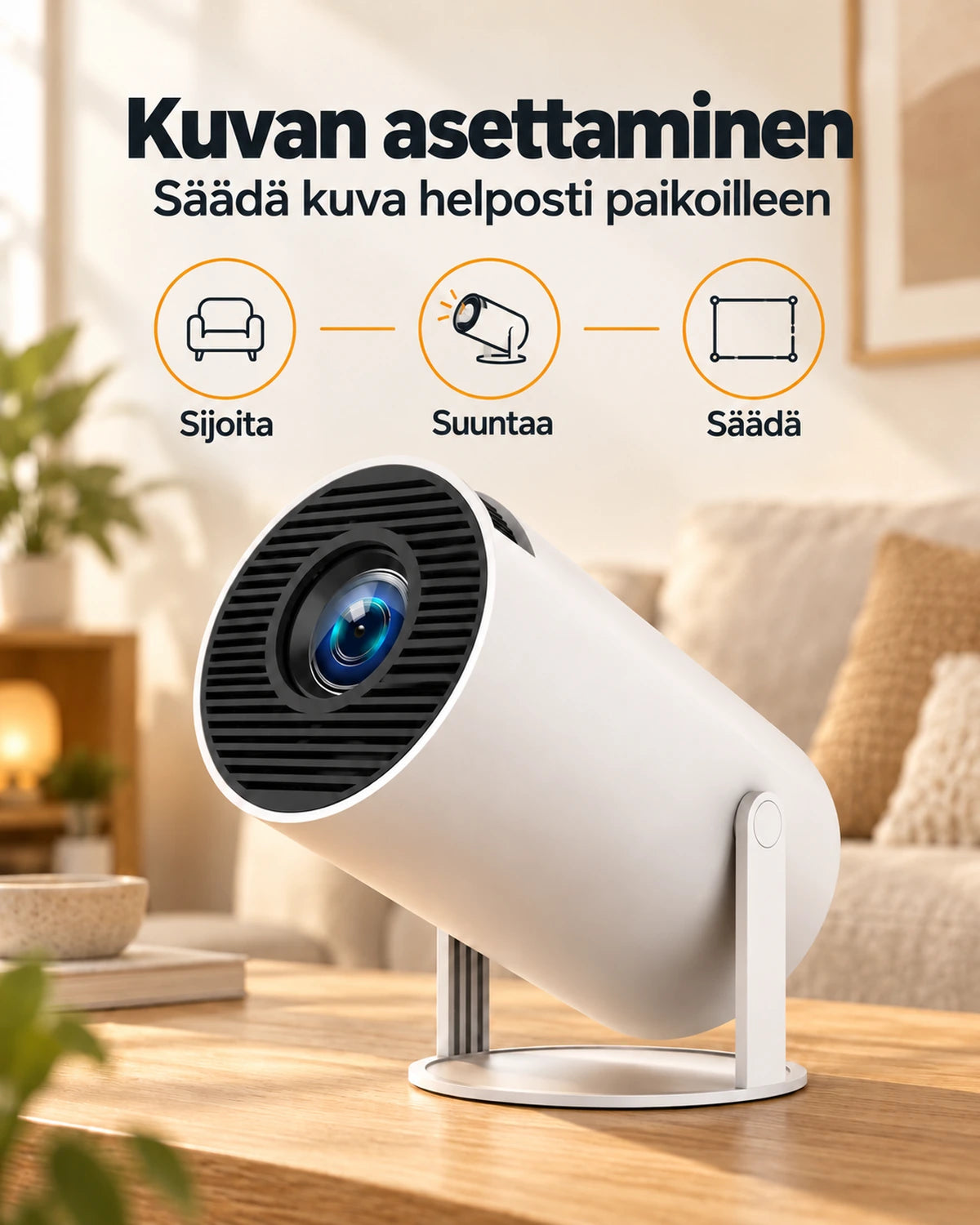 Projektorland Luma Compact -miniprojektori – 200 ANSI-lumenia, HD 720p, Android 14, Wi-Fi 6 ja 5 W:n kaiutin