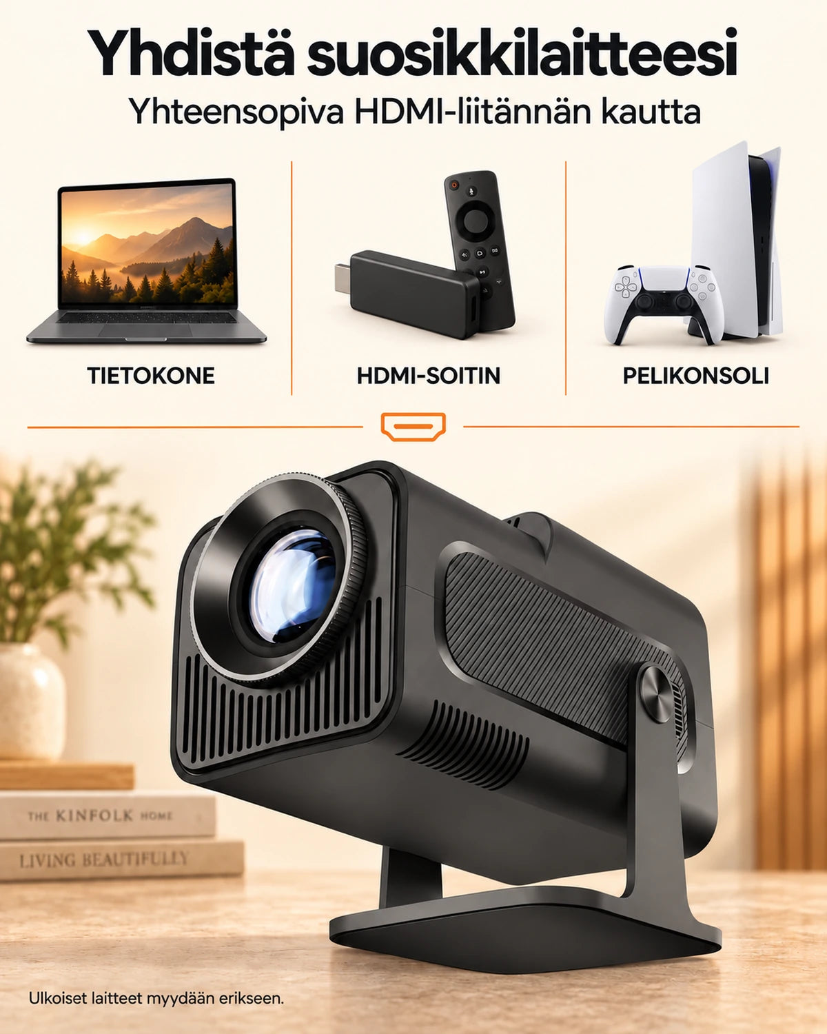 Nomad Mini -miniprojektori – 300 ANSI-lumenia, HD 720p, Android 11, Wi-Fi 6, Bluetooth ja 180° kääntö