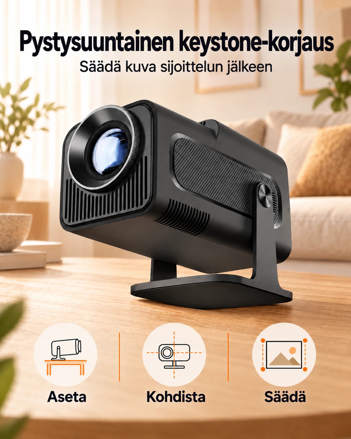 Nomad Mini -miniprojektori – 300 ANSI-lumenia, HD 720p, Android 11, Wi-Fi 6, Bluetooth ja 180° kääntö