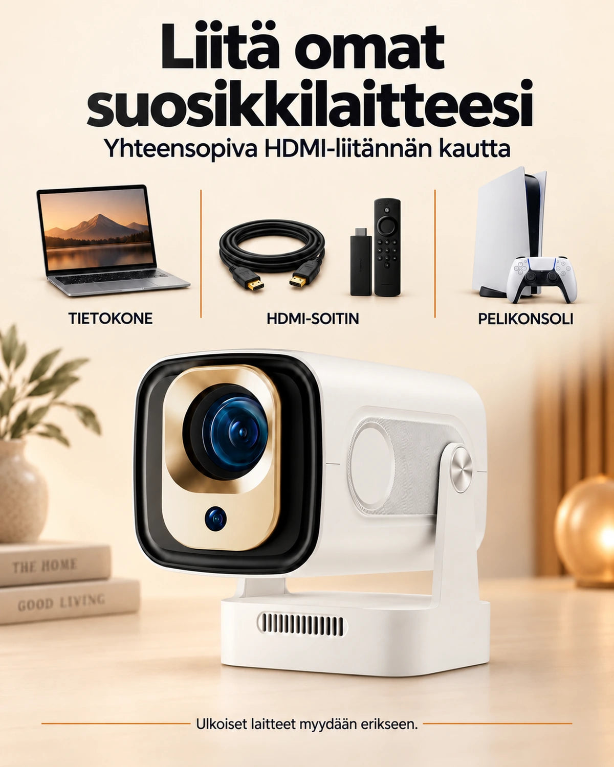 Projektorland Nova -miniprojektori – 260 ANSI-lumenia, Full HD 1080p, Android, Wi-Fi 6 ja Bluetooth 5.4