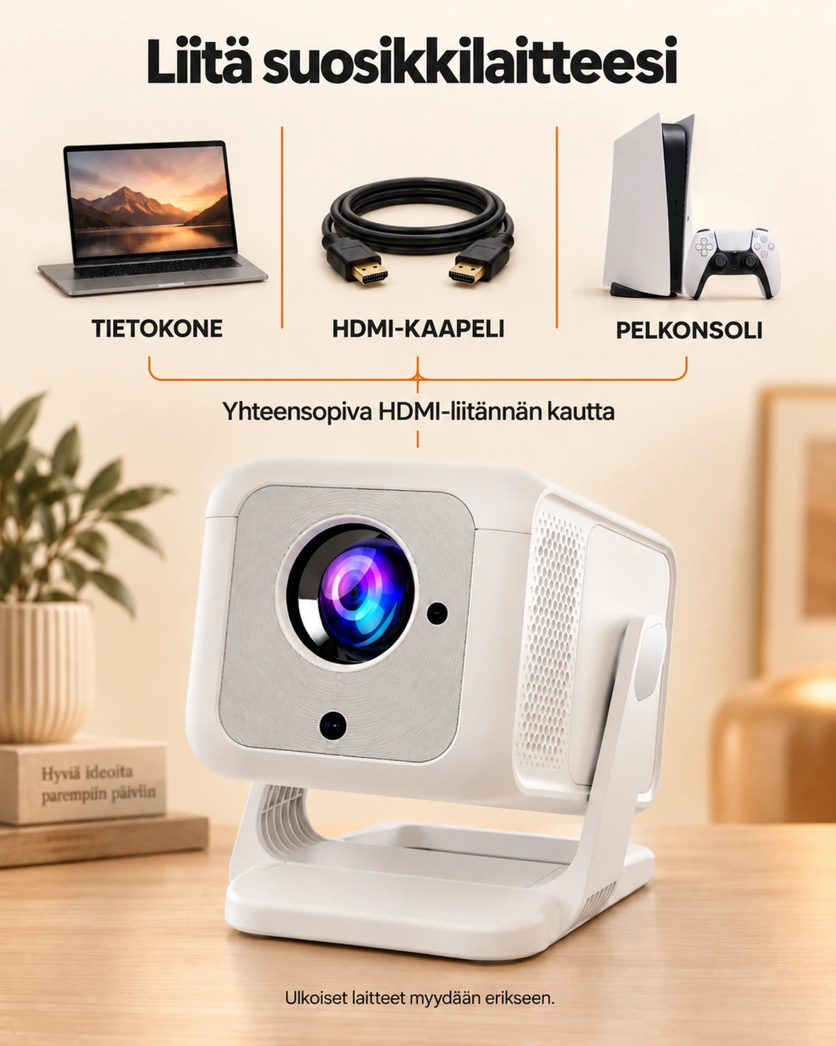 Projektorland Nova Plus -miniprojektori – 420 ANSI-lumenia, Full HD 1080p, automaattitarkennus, Android ja Wi-Fi
