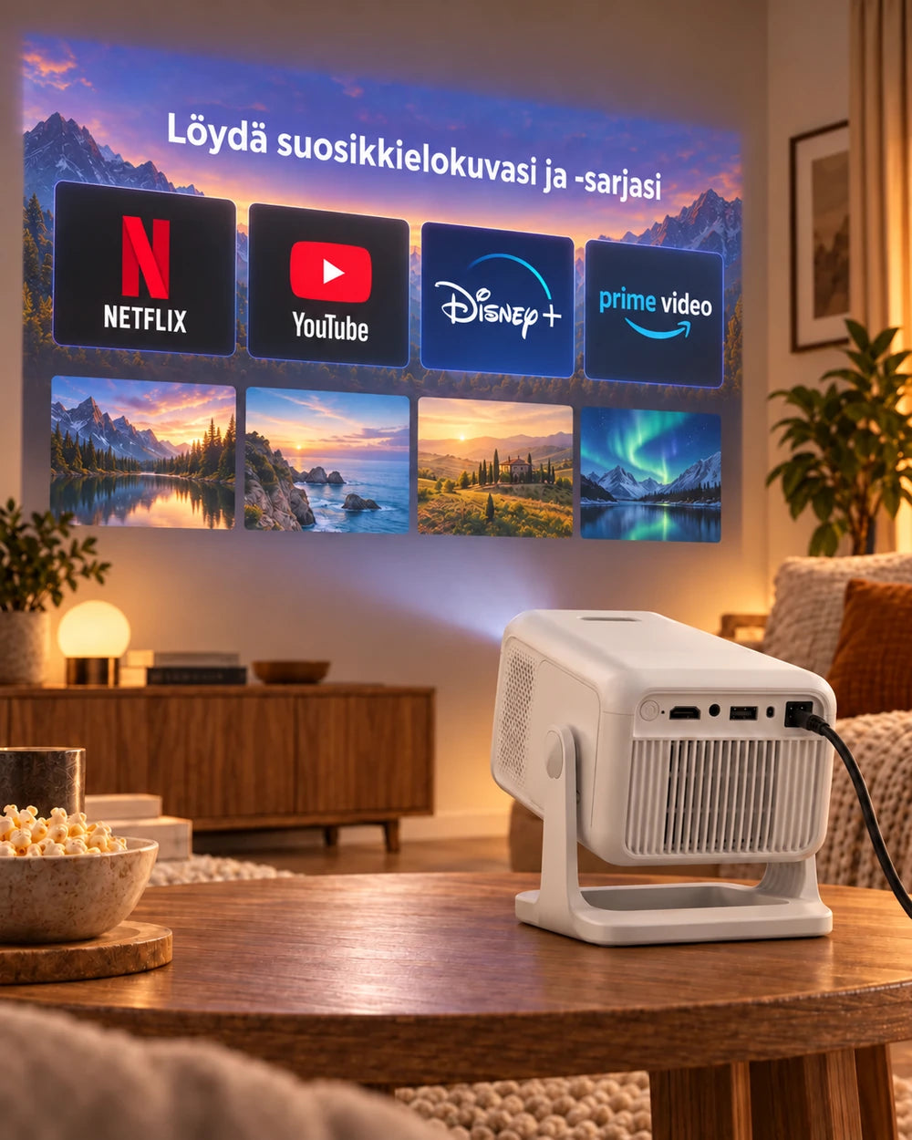 Projektorland Nova Plus -miniprojektori – 420 ANSI-lumenia, Full HD 1080p, automaattitarkennus, Android ja Wi-Fi
