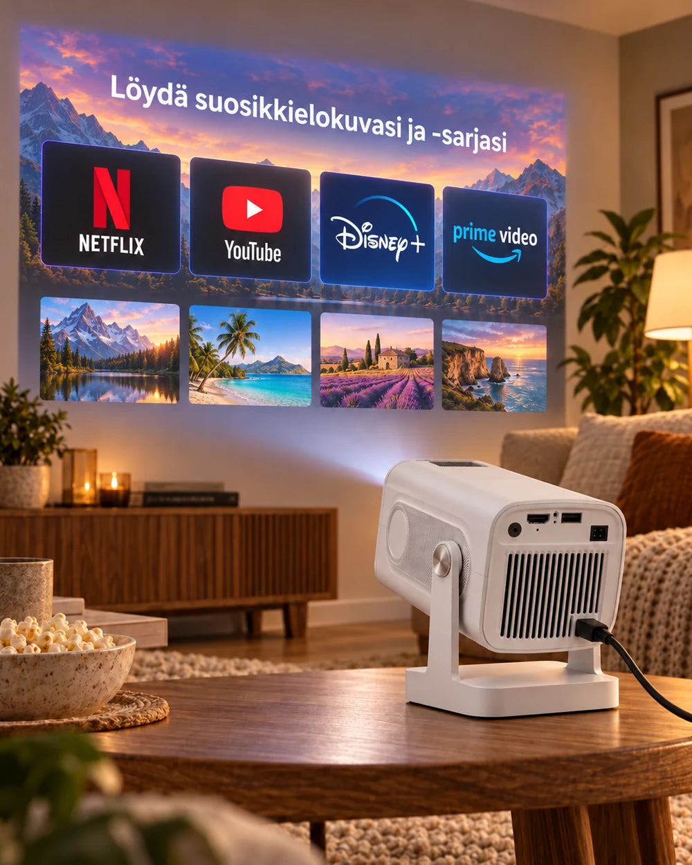 Projektorland Nova -miniprojektori – 260 ANSI-lumenia, Full HD 1080p, Android, Wi-Fi 6 ja Bluetooth 5.4