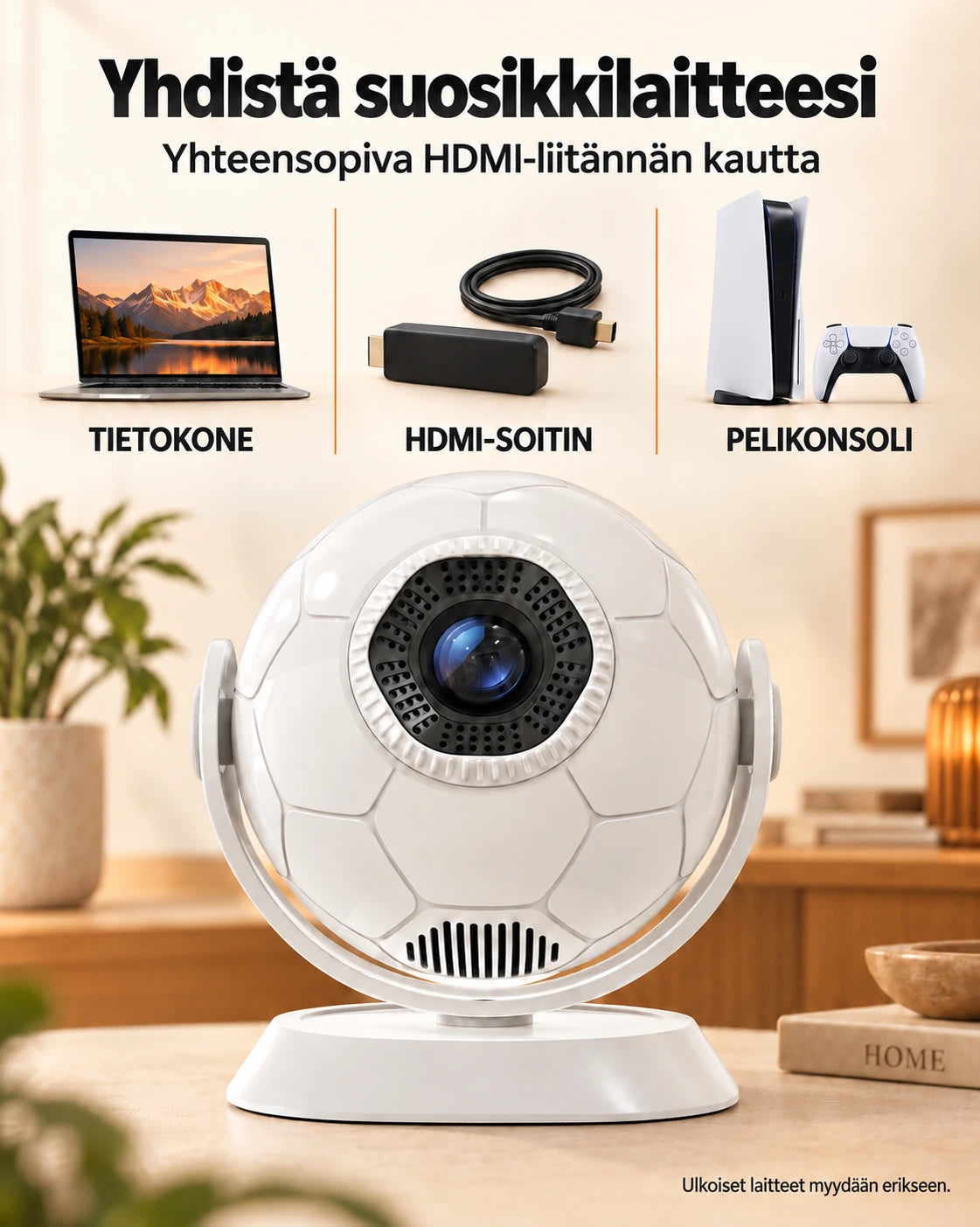 Projektorland Orbit -miniprojektori – 300 ANSI-lumenia, Android 14, Wi-Fi, Bluetooth 5.4 ja 35–135 tuumaa