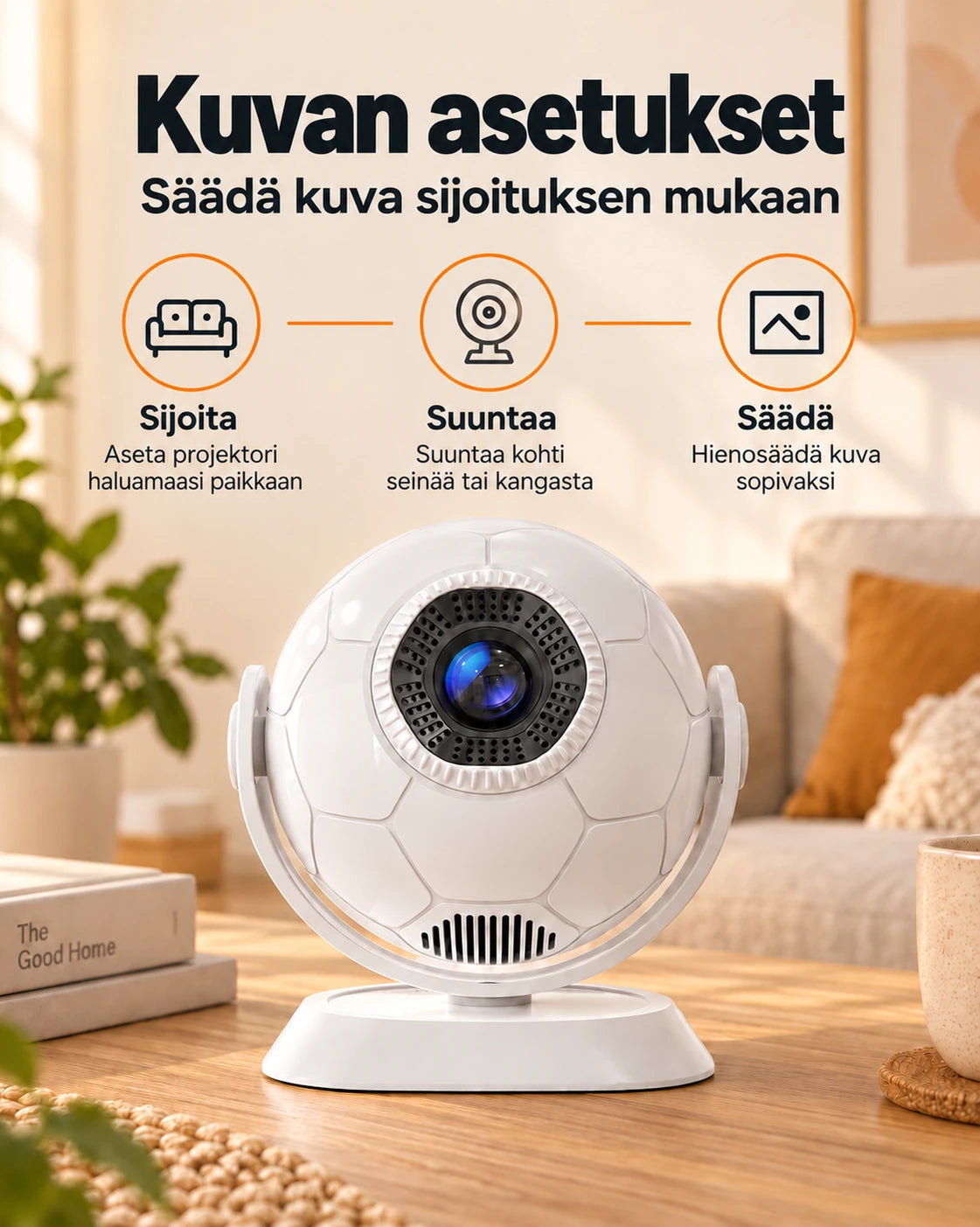 Projektorland Orbit -miniprojektori – 300 ANSI-lumenia, Android 14, Wi-Fi, Bluetooth 5.4 ja 35–135 tuumaa