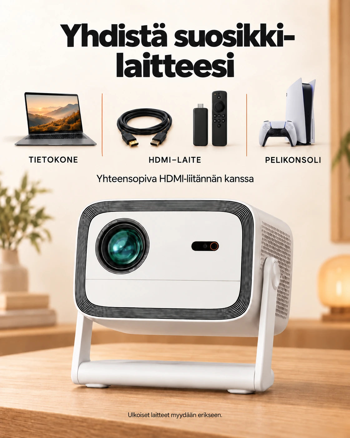 Projektorland Panorama -projektori – 900 ANSI-lumenia, Full HD 1080p, Android TV 11, automaattitarkennus ja 200° jalusta