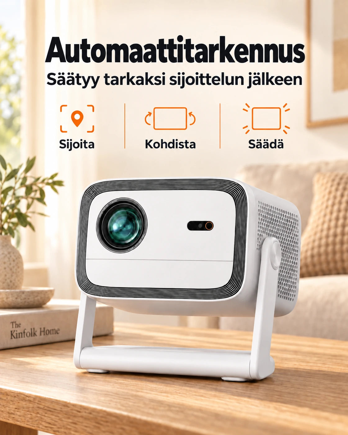 Projektorland Panorama -projektori – 900 ANSI-lumenia, Full HD 1080p, Android TV 11, automaattitarkennus ja 200° jalusta