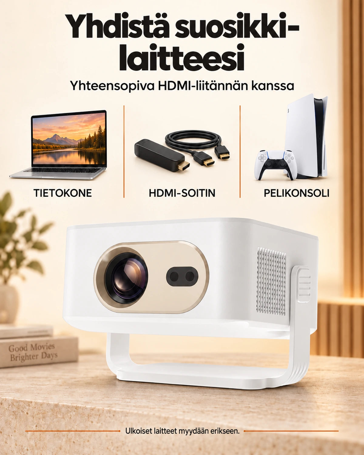 Projektorland Vista -miniprojektori – 260 ANSI-lumenia, HD 720p, automaattitarkennus ja Android 11