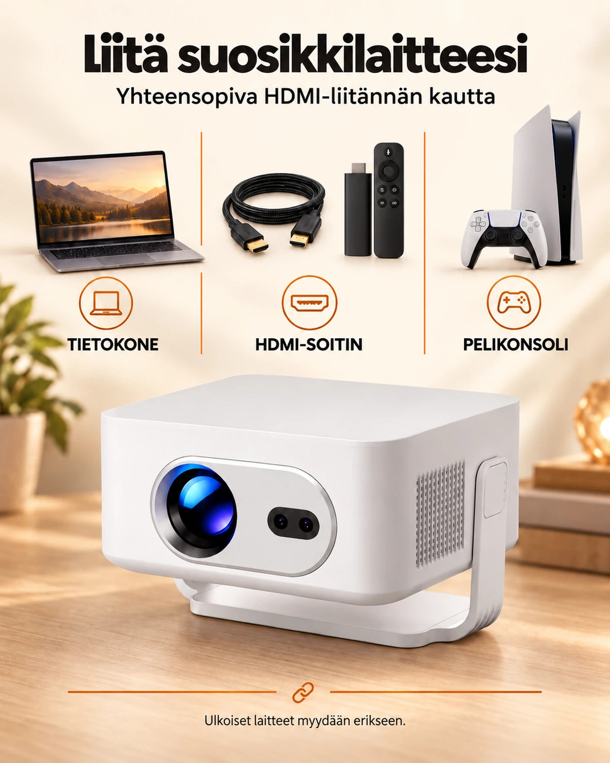 Projektorland Vista Max -miniprojektori – 260 ANSI-lumenia, HD 720p, automaattitarkennus, Android 14 ja Wi-Fi 6