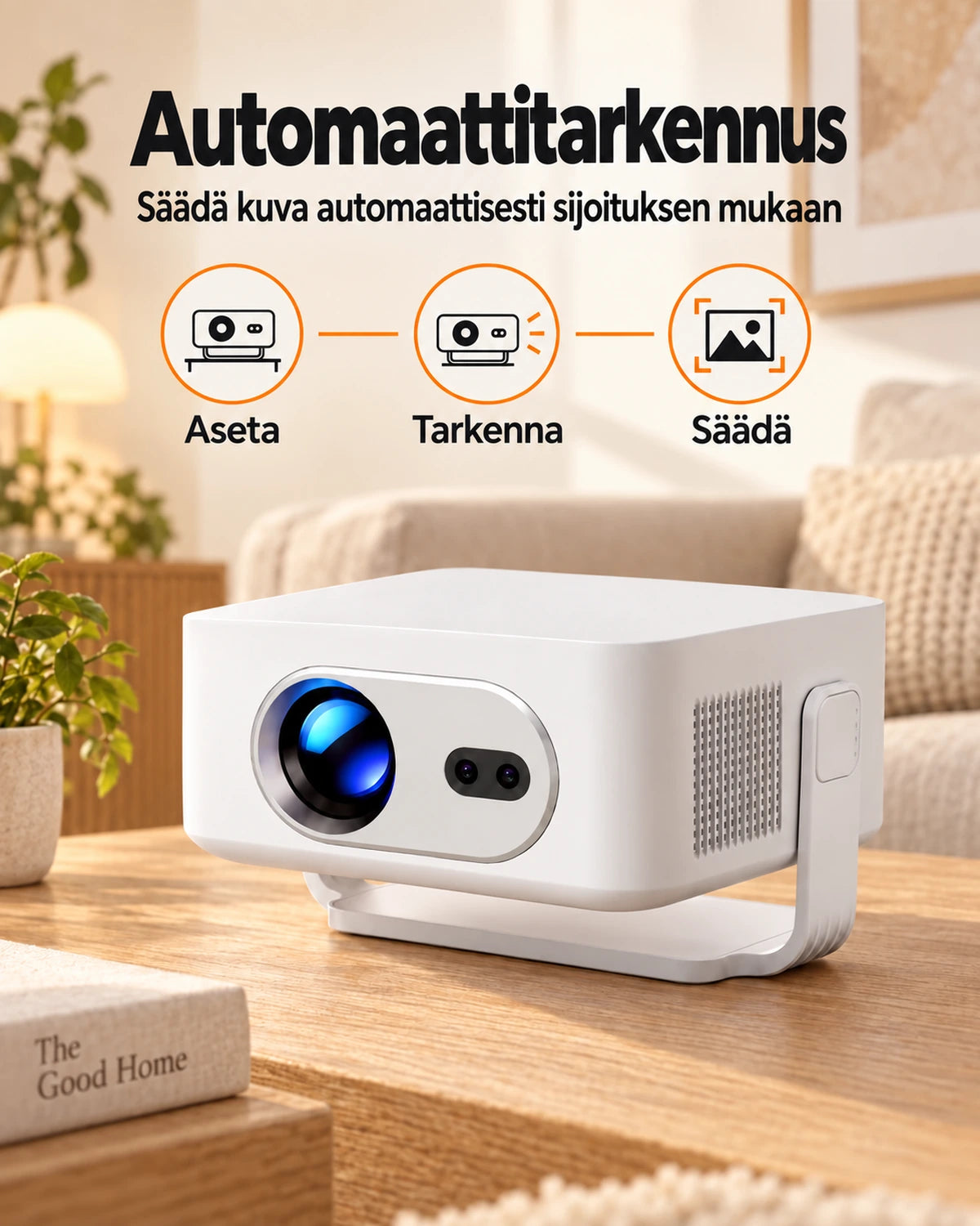 Projektorland Vista Max -miniprojektori – 260 ANSI-lumenia, HD 720p, automaattitarkennus, Android 14 ja Wi-Fi 6